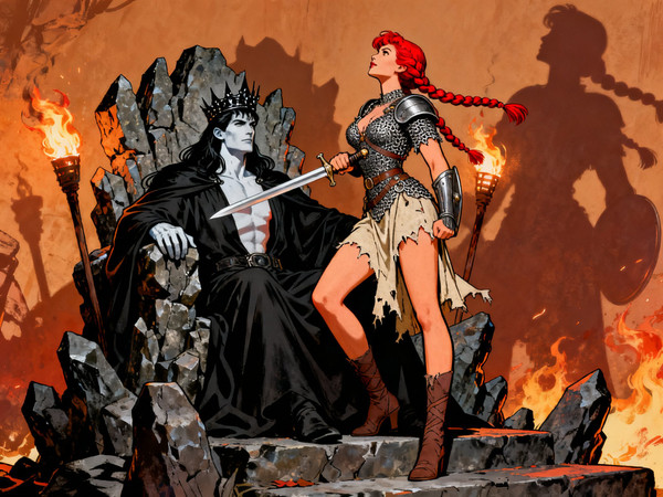 Seedream V4 — The Shieldmaiden and the Dark Lord — Pin-Up