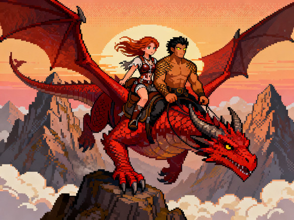 Seedream V4 — Dragonrider at Dawn — Pixel Art