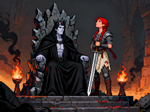 Seedream V4 — The Shieldmaiden and the Dark Lord — Pixel Art