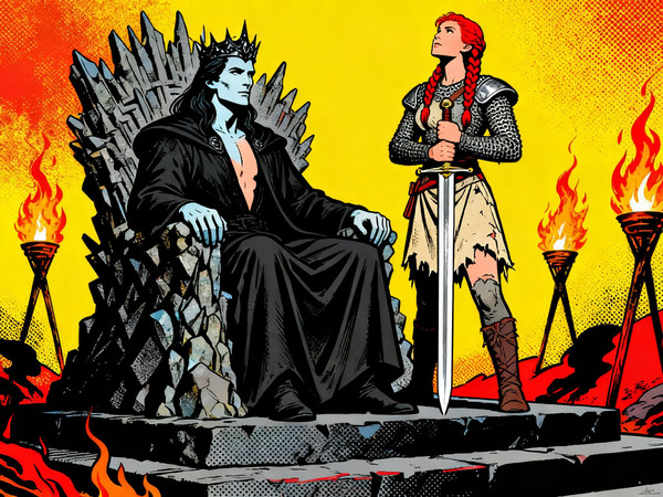 Seedream V4 — The Shieldmaiden and the Dark Lord — Pop Art