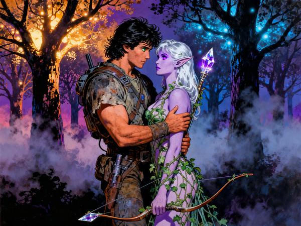Seedream V4 — Fantasy Romance in the Whispering Grove — Retro Sci-Fi