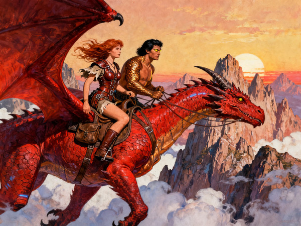 Seedream V4 — Dragonrider at Dawn — Retro Sci-Fi