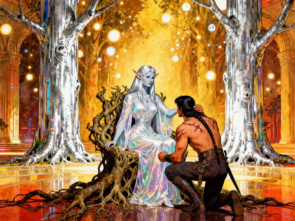 Seedream V4 — The Elven Queen's Champion — Retro Sci-Fi
