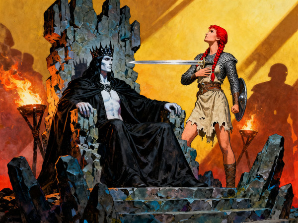 Seedream V4 — The Shieldmaiden and the Dark Lord — Retro Sci-Fi