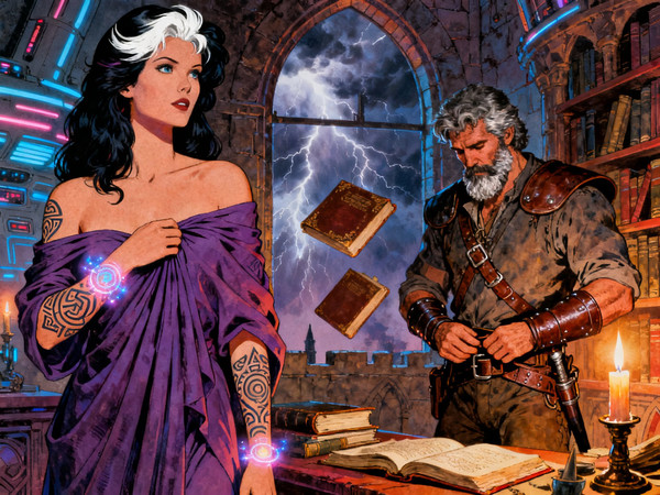 Seedream V4 — A Night in the Sorceress's Tower — Retro Sci-Fi