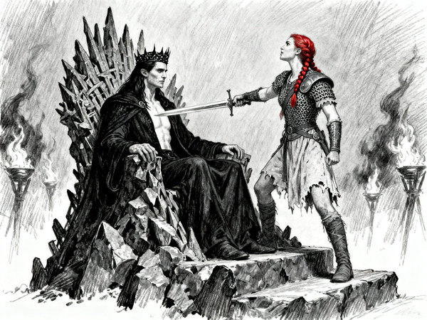 Seedream V4 — The Shieldmaiden and the Dark Lord — Sketch