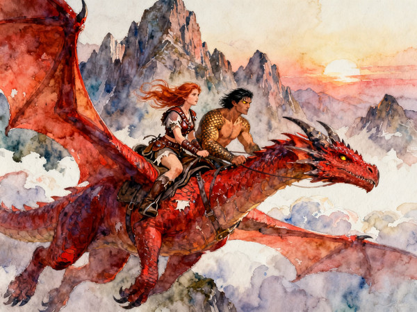 Seedream V4 — Dragonrider at Dawn — Watercolor