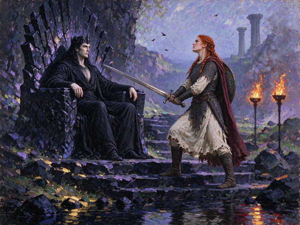 Seedream 5.0 Flash — The Shieldmaiden and the Dark Lord — Impressionism