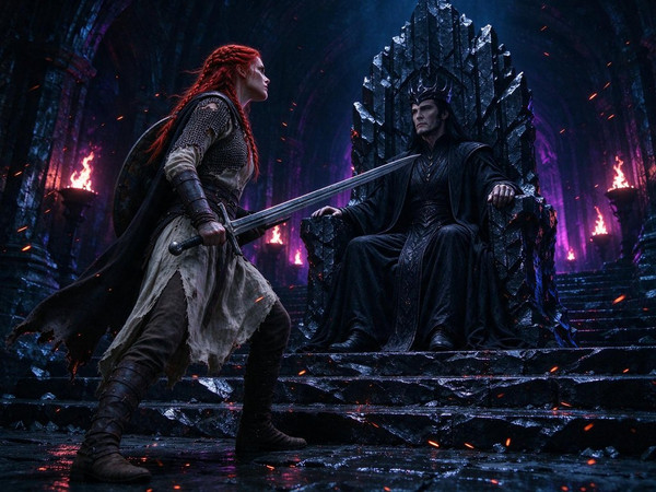Seedream 5.0 Flash — The Shieldmaiden and the Dark Lord — Neo Noir