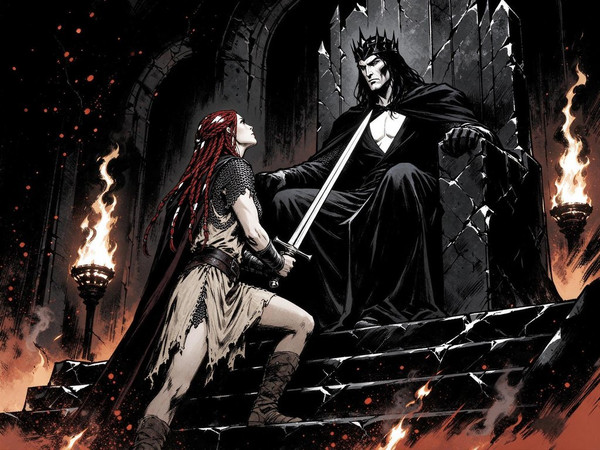 Seedream 5.0 Flash — The Shieldmaiden and the Dark Lord — Noir Comic
