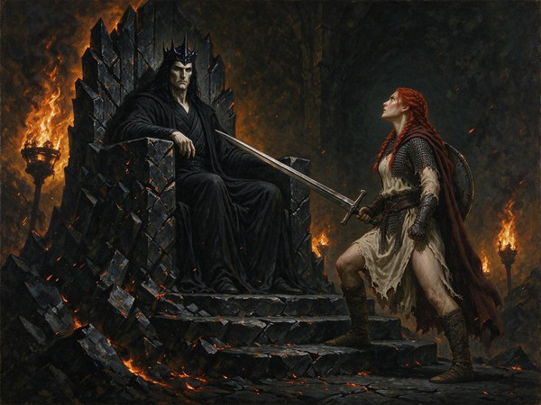 Seedream 5.0 Flash — The Shieldmaiden and the Dark Lord — Oil Painting