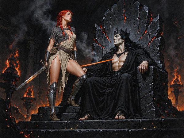 Seedream 5.0 Flash — The Shieldmaiden and the Dark Lord — Pin-Up