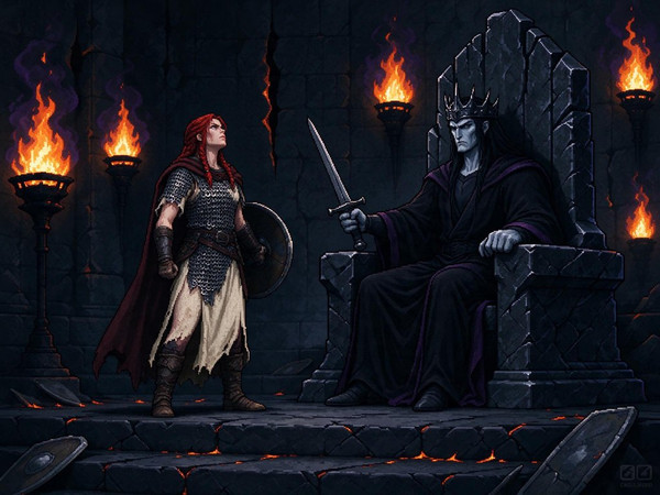 Seedream 5.0 Flash — The Shieldmaiden and the Dark Lord — Pixel Art