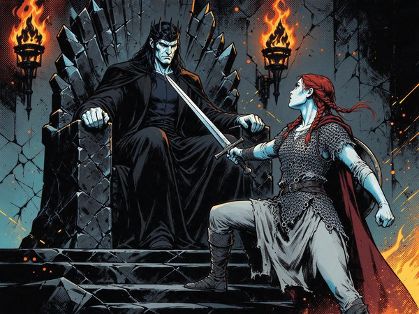 Seedream 5.0 Flash — The Shieldmaiden and the Dark Lord — Pop Art