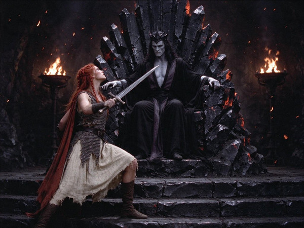 Seedream 5.0 Flash — The Shieldmaiden and the Dark Lord — Retro