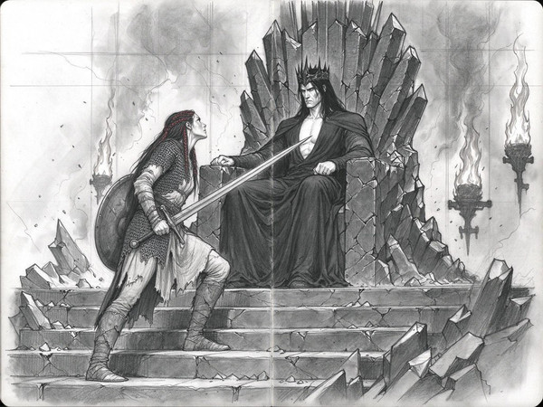 Seedream 5.0 Flash — The Shieldmaiden and the Dark Lord — Sketch