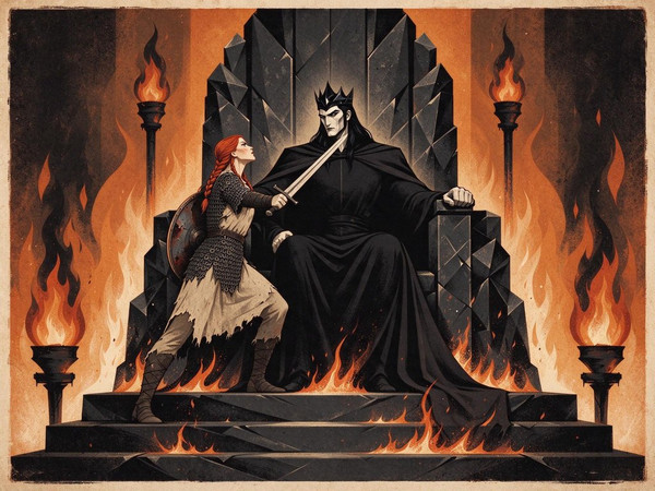 Seedream 5.0 Flash — The Shieldmaiden and the Dark Lord — Vintage Poster