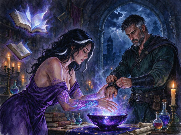 Seedream 5.0 Flash — A Night in the Sorceress's Tower — Watercolor