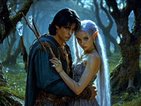 Stable Diffusion V35 Medium generated image for Fantasy Romance in the Whispering Grove - Dark Fantasy