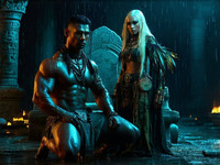 Stable Diffusion V35 Medium generated image for Tribal Guardian's Desire - Neo Noir