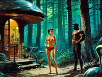 Stable Diffusion V35 Medium generated image for Cabin in the Woods - Retro Sci-Fi