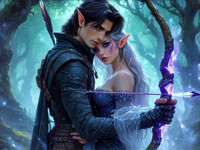 Stable Diffusion V35 Medium generated image for Fantasy Romance in the Whispering Grove - Retro Sci-Fi