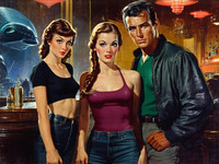 Stable Diffusion V35 Medium generated image for Speakeasy Hidden Tension - Retro Sci-Fi