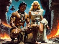 Stable Diffusion V35 Medium generated image for Tribal Guardian's Desire - Retro Sci-Fi