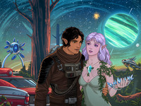 Wan V2.2 A14B generated image for Fantasy Romance in the Whispering Grove - Retro Sci-Fi