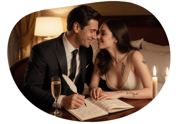 Schreibkunst und Sinnlichkeit: Eine romantische Begegnung im Hotel date idea illustration