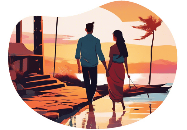 Seaside Stroll and Cozy Fireside Chat date idea illustration