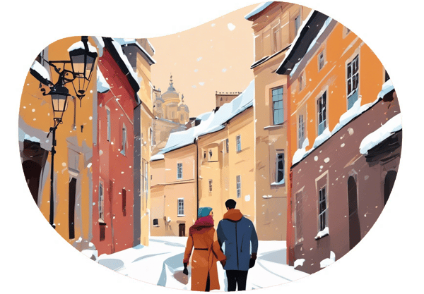 Snowy Lviv Walk and Romantic Coffee Tasting date idea illustration