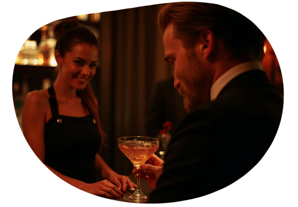 The Seductive Bartender and the Wealthy Patron date idea illustration